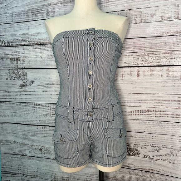 Guess Jeans 24 Strapless Denim Pinstripe Striped Romper Shorts Conductor - Picture 1 of 8